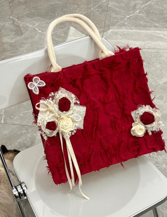 「Chinoiserie」Red Roses Patch Tote Bag