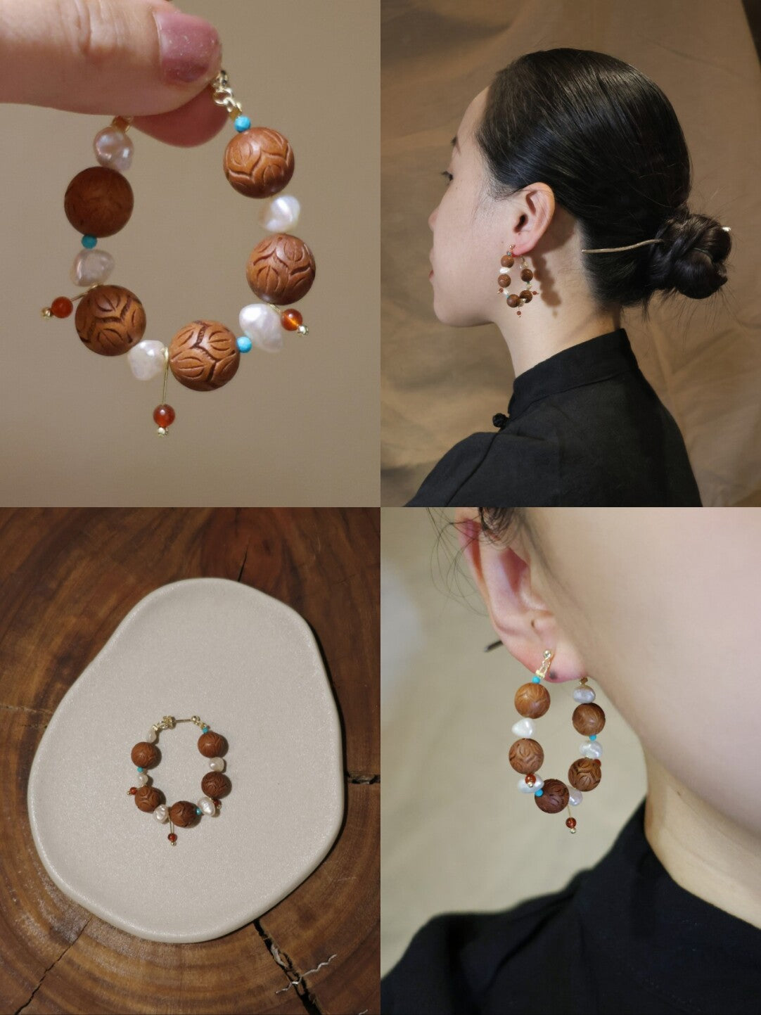 「Chinoiserie」Sandalwood Pearl Beaded Earrings