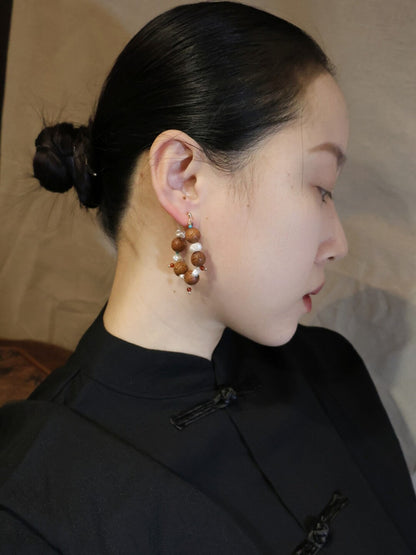 「Chinoiserie」Sandalwood Pearl Beaded Earrings