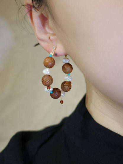 「Chinoiserie」Sandalwood Pearl Beaded Earrings