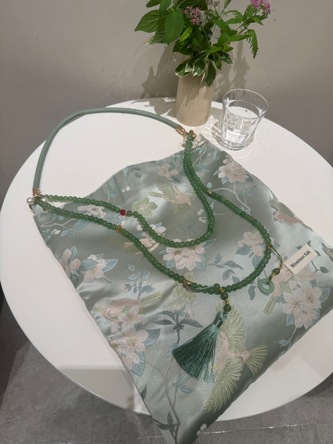 [Chinoiserie] Serene Blue Floral Bird Beaded Tassel Silk Bag | Bag | Three Fleas