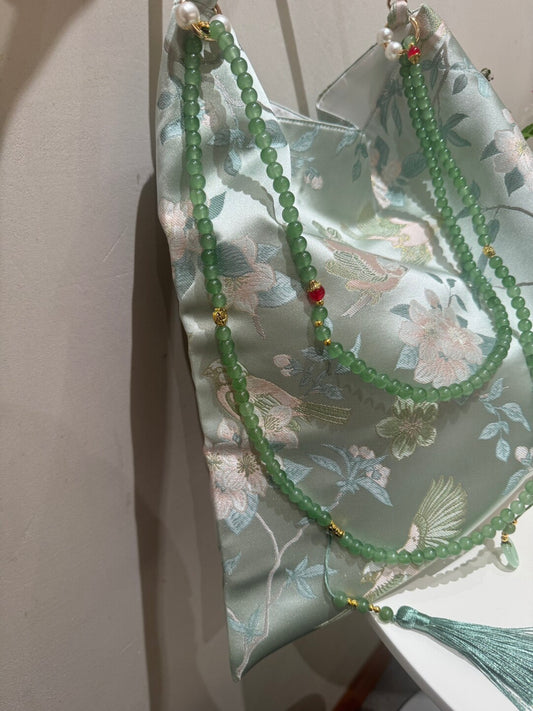 [Chinoiserie] Serene Blue Floral Bird Beaded Tassel Silk Bag