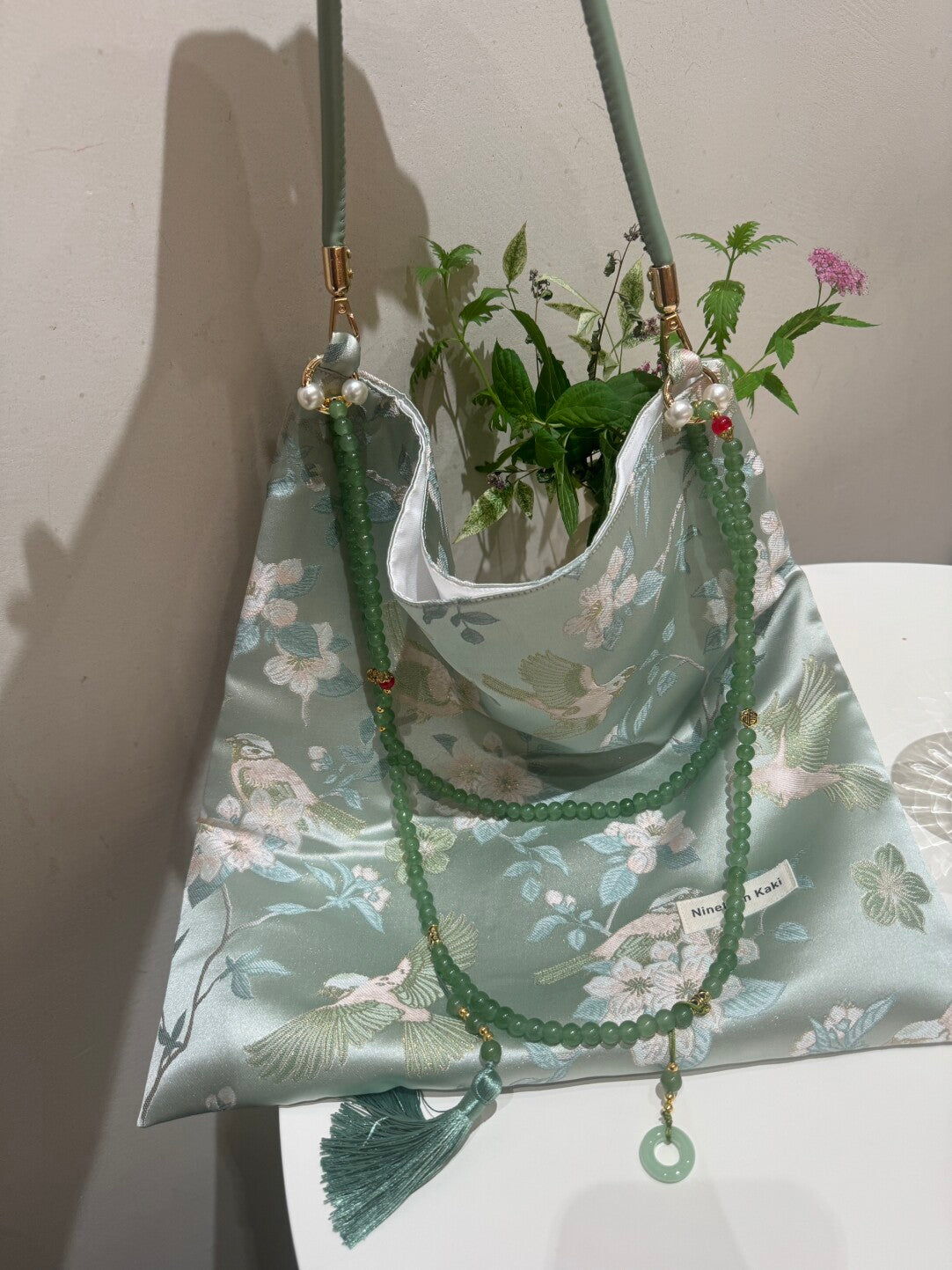 [Chinoiserie] Serene Blue Floral Bird Beaded Tassel Silk Bag | Bag | Three Fleas