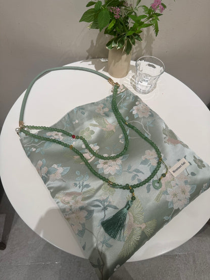 [Chinoiserie] Serene Blue Floral Bird Beaded Tassel Silk Bag | Bag | Three Fleas