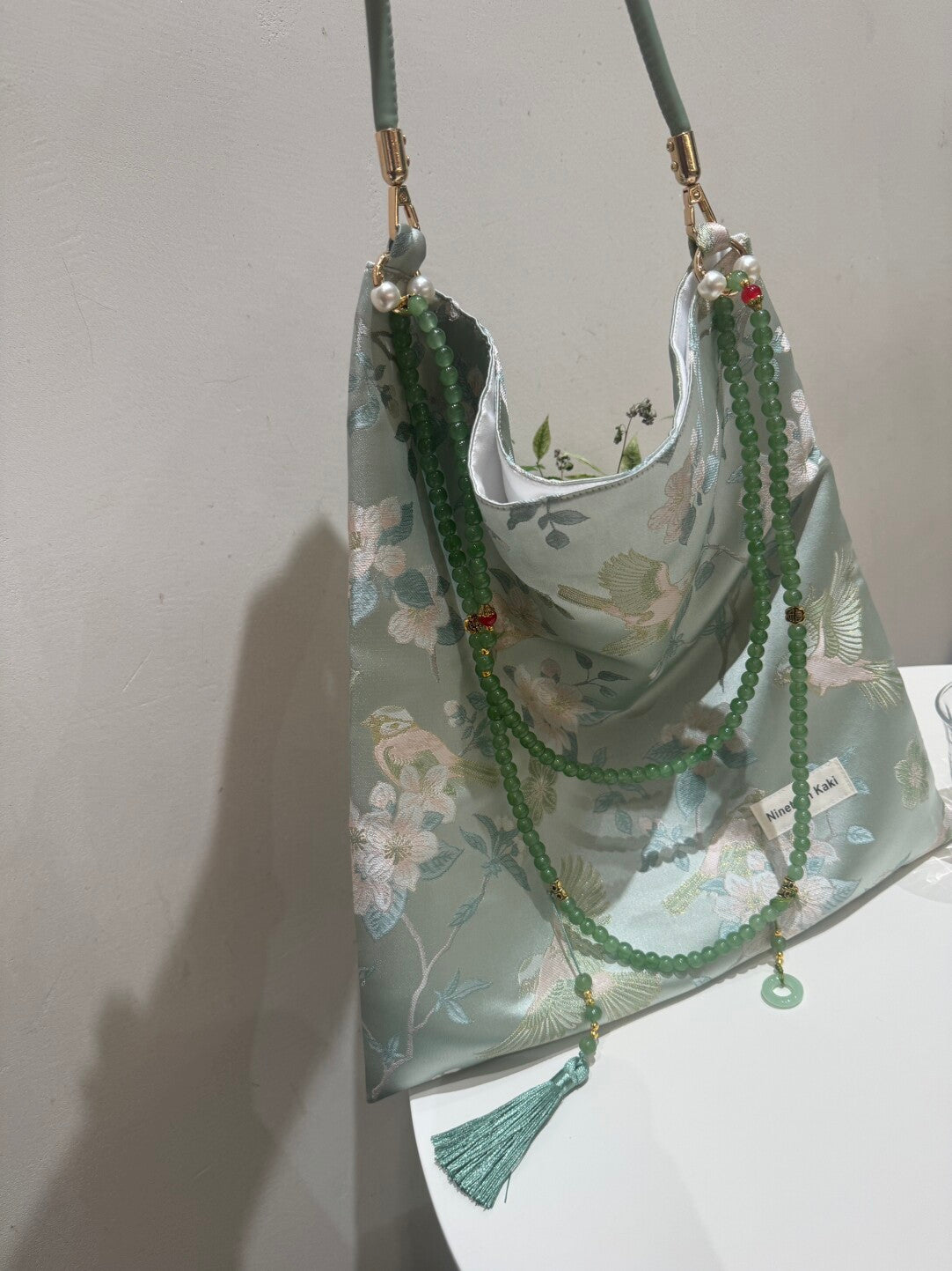 [Chinoiserie] Serene Blue Floral Bird Beaded Tassel Silk Bag | Bag | Three Fleas