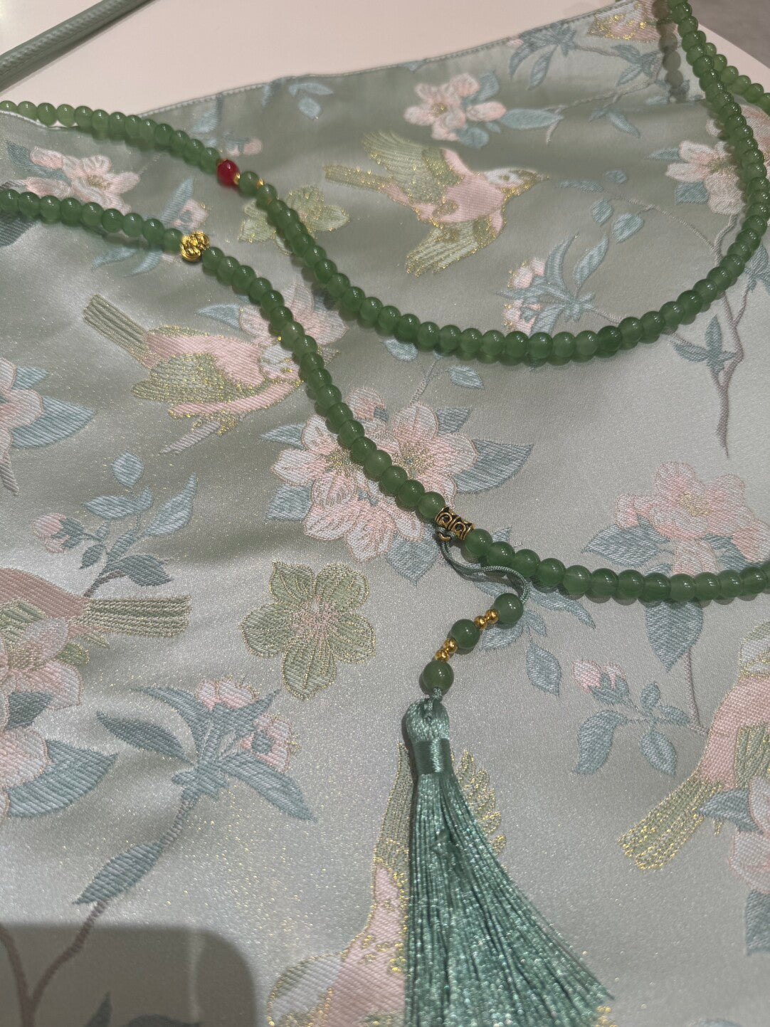 [Chinoiserie] Serene Blue Floral Bird Beaded Tassel Silk Bag | Bag | Three Fleas