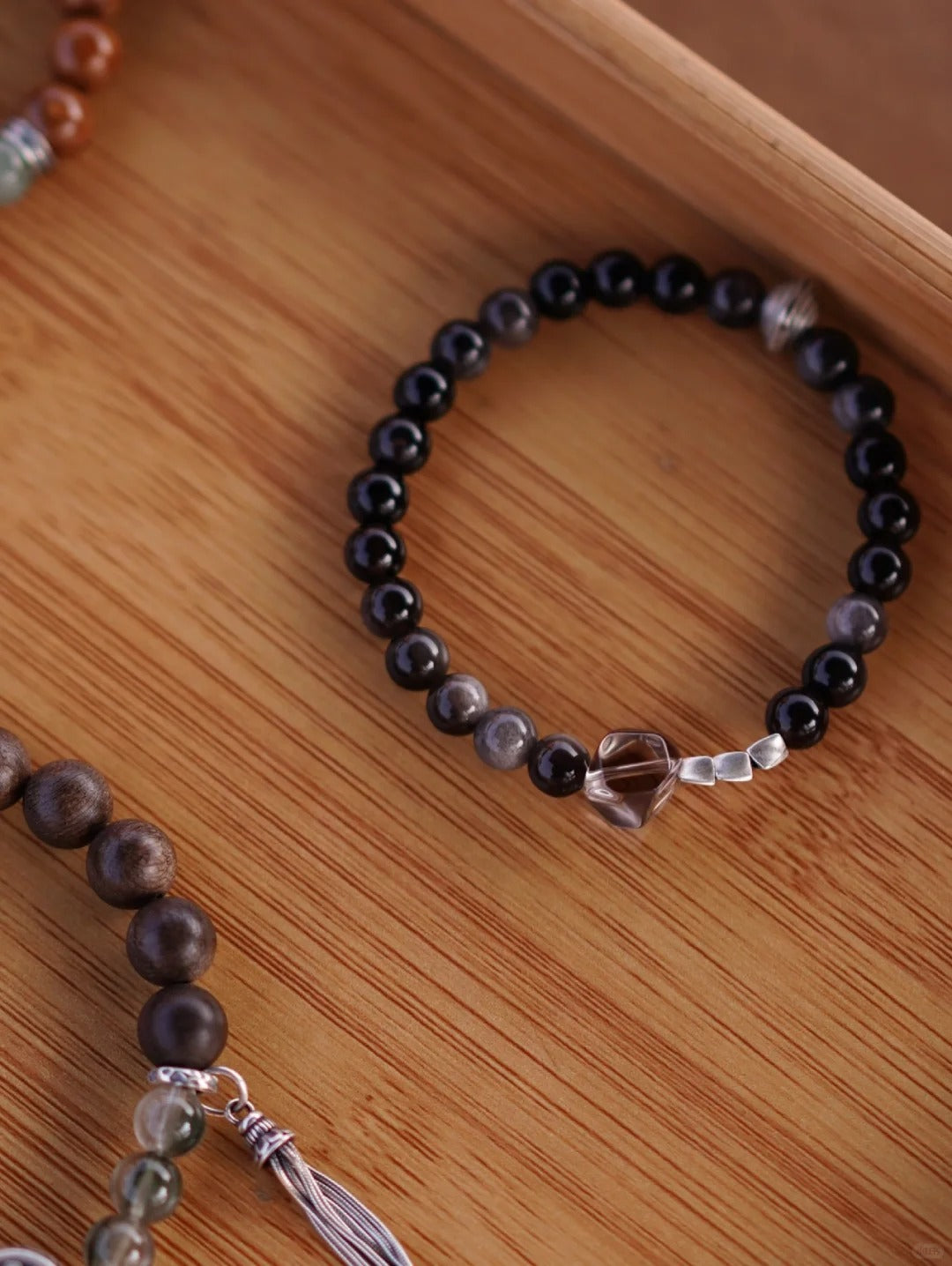 「Chinoiserie」Silver Obsidian Crystal Beaded Bracelet