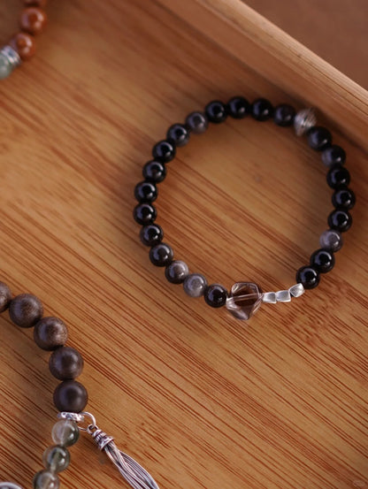 「Chinoiserie」Silver Obsidian Crystal Beaded Bracelet