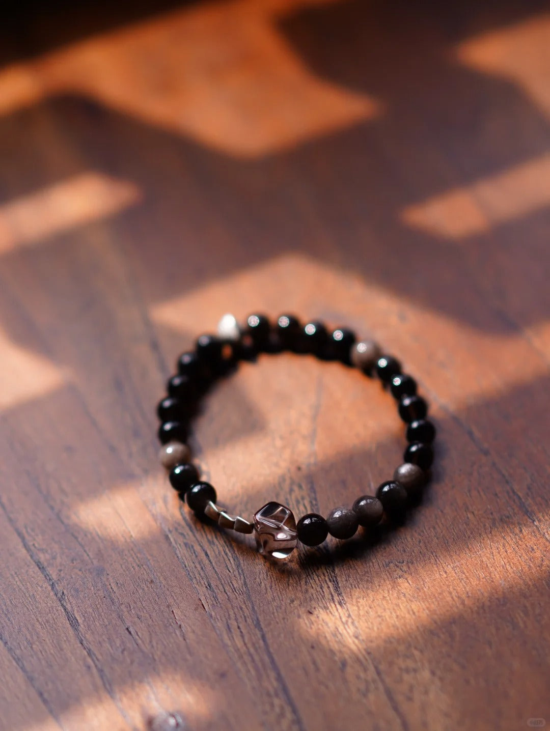 「Chinoiserie」Silver Obsidian Crystal Beaded Bracelet