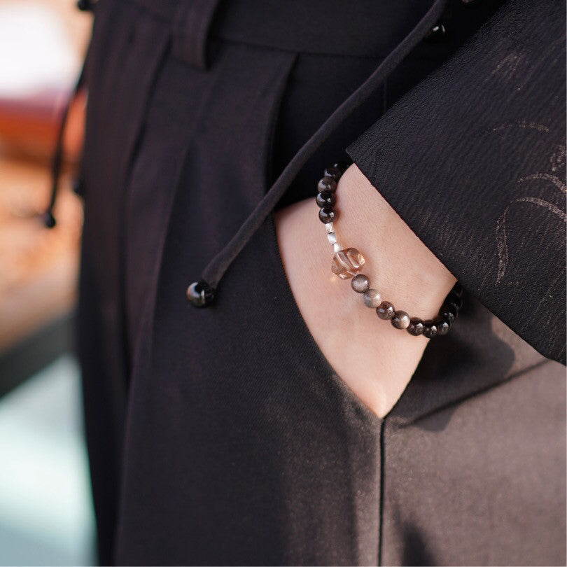 「Chinoiserie」Silver Obsidian Crystal Beaded Bracelet