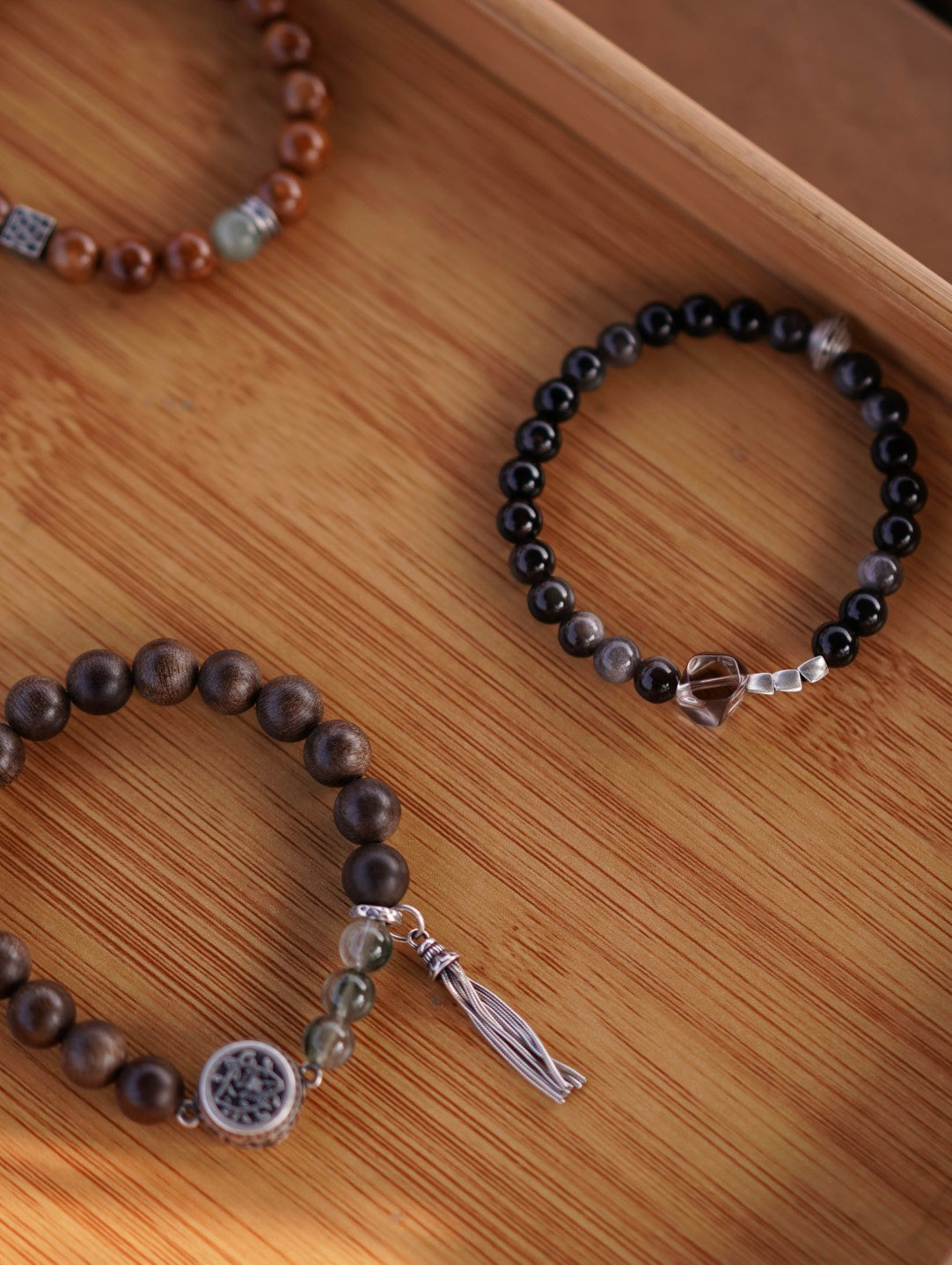 「Chinoiserie」Silver Obsidian Crystal Beaded Bracelet