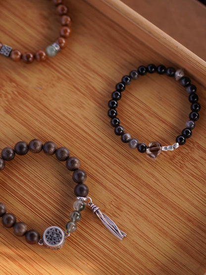 「Chinoiserie」Silver Obsidian Crystal Beaded Bracelet