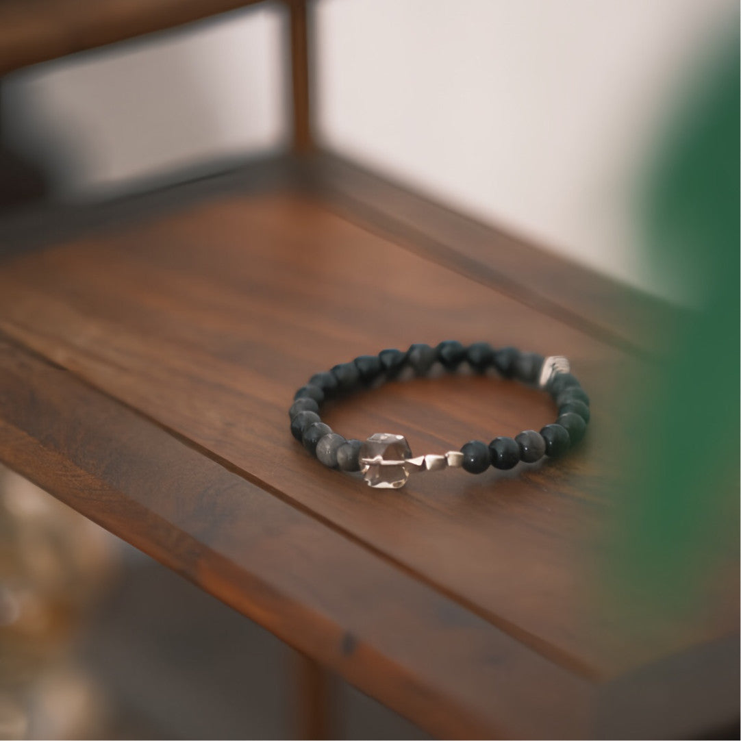 「Chinoiserie」Silver Obsidian Crystal Beaded Bracelet