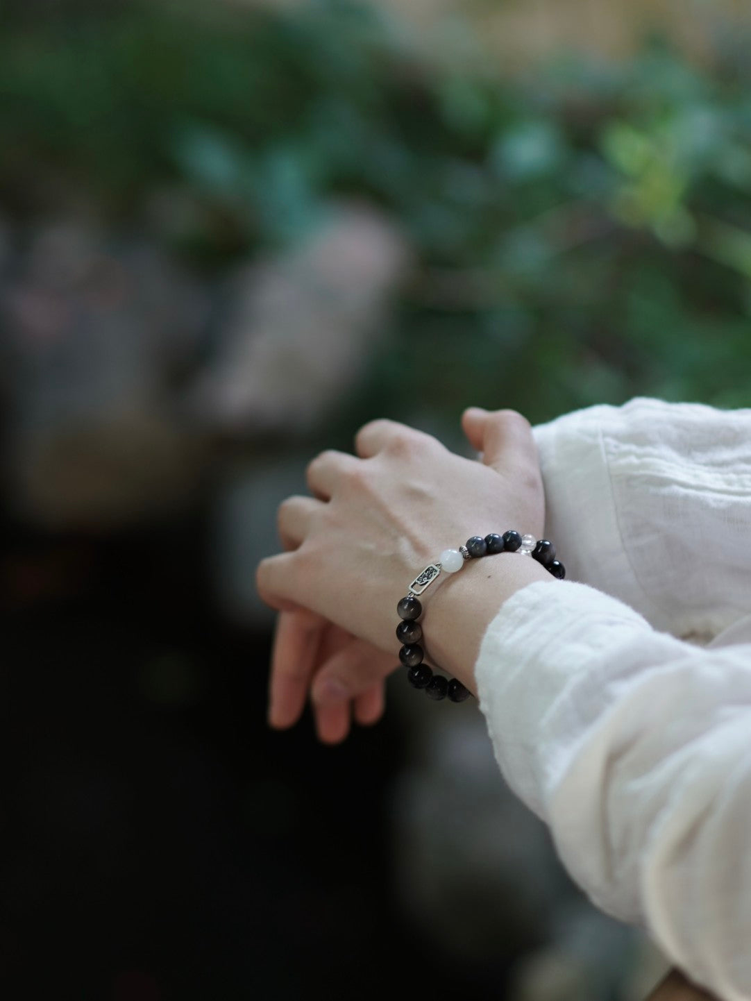 「Chinoiserie」Silver Obsidian Jade Beaded Bracelet