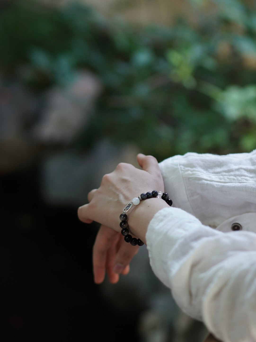 「Chinoiserie」Silver Obsidian Jade Beaded Bracelet