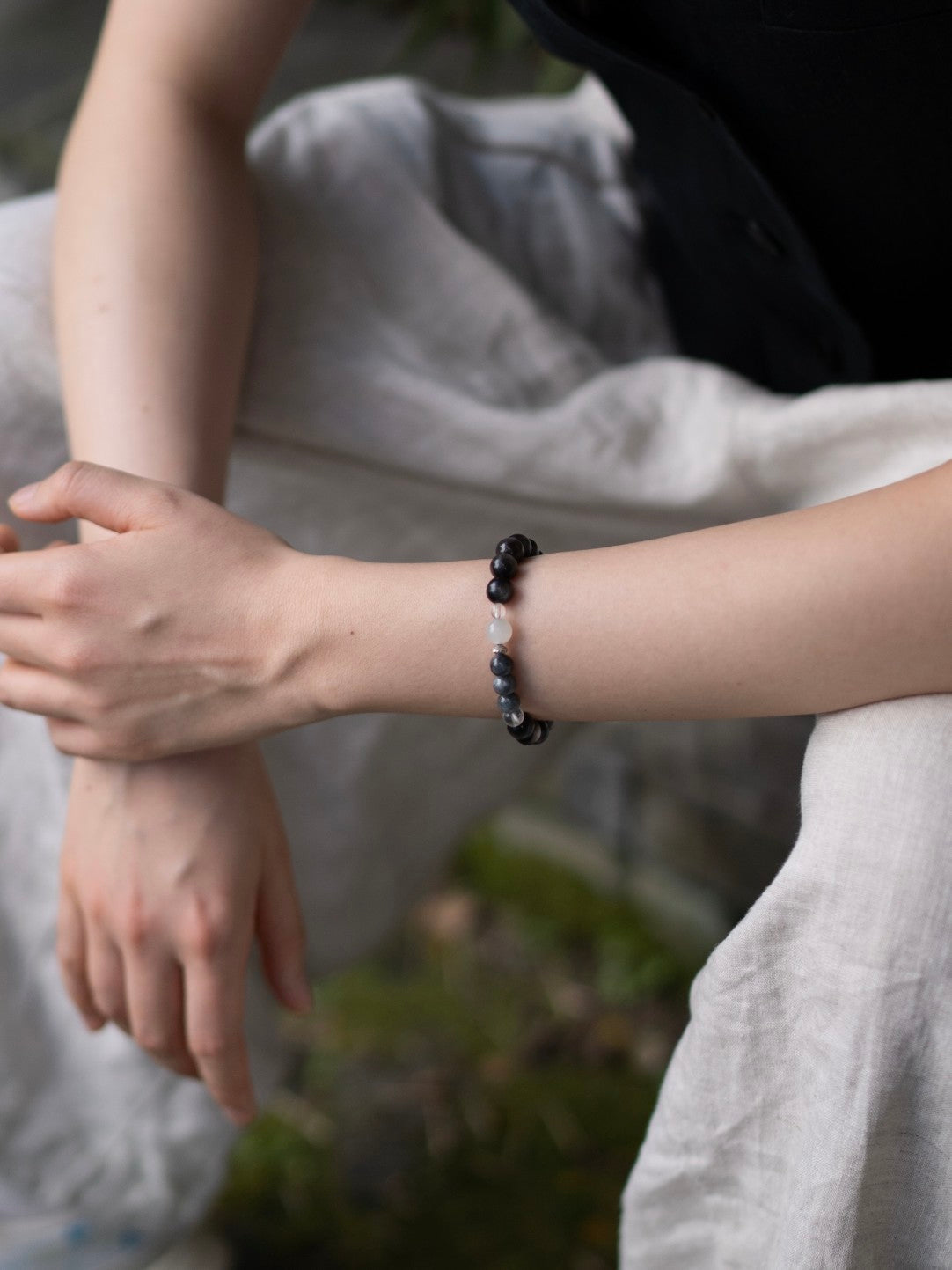 「Chinoiserie」Silver Obsidian Jade Beaded Bracelet