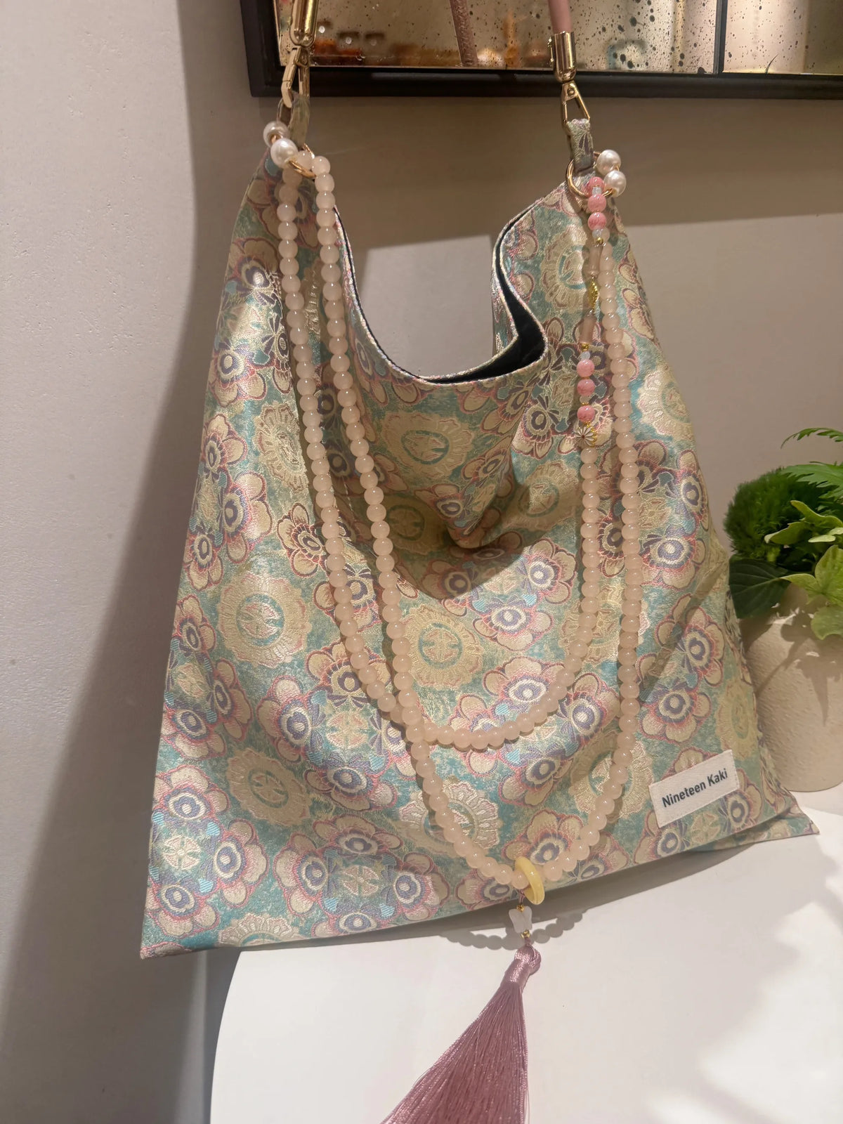 [Chinoiserie] Subtle Pink Floral Beaded Tassel Silk Bag | Bag | Three Fleas