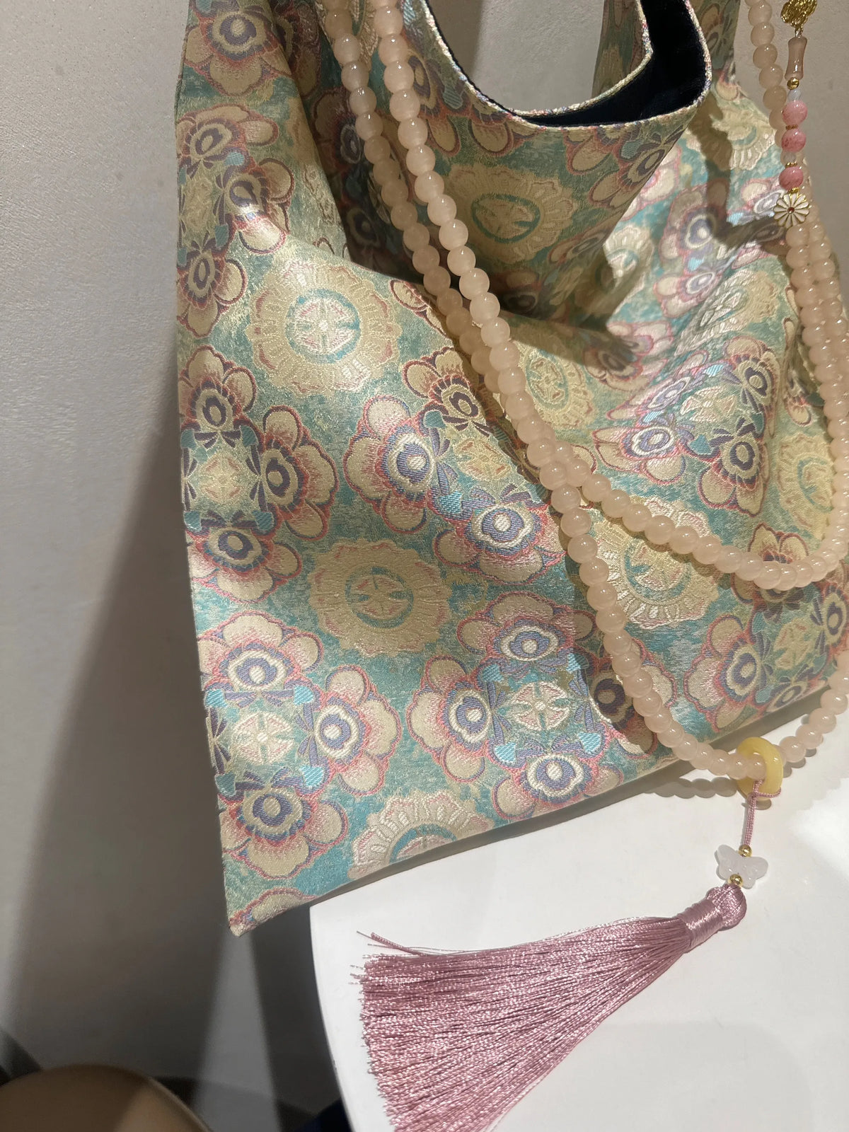 [Chinoiserie] Subtle Pink Floral Beaded Tassel Silk Bag | Bag | Three Fleas