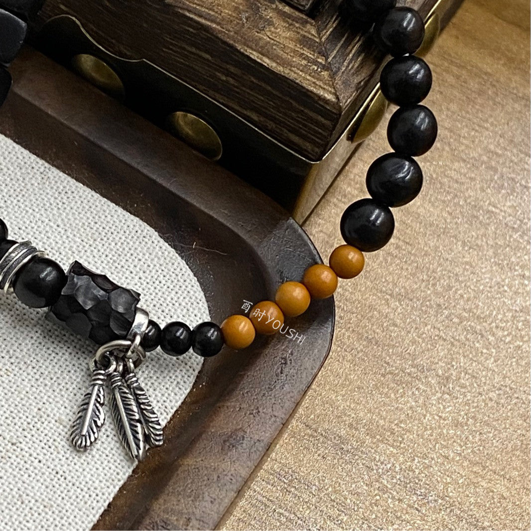 「Chinoiserie」Sunset Birds Black Sandalwood Beaded Bracelet