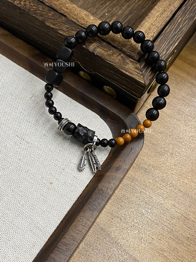 「Chinoiserie」Sunset Birds Black Sandalwood Beaded Bracelet
