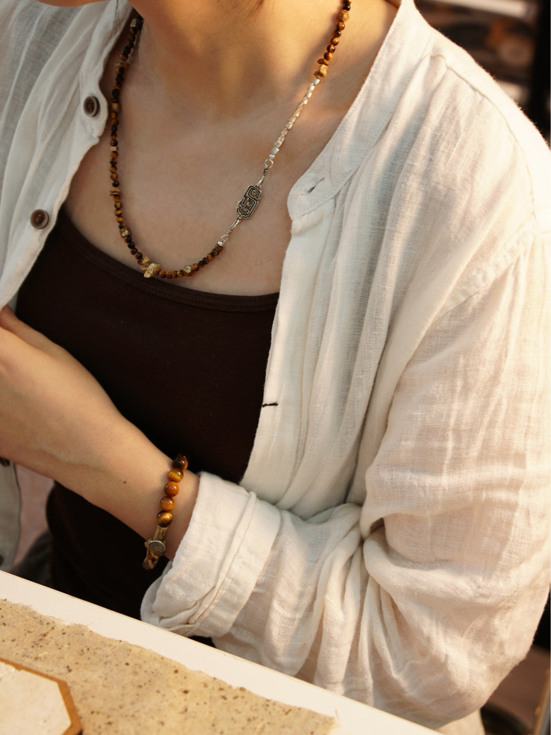「Chinoiserie」Sunset Mountain Tiger's Eye Beaded Necklace