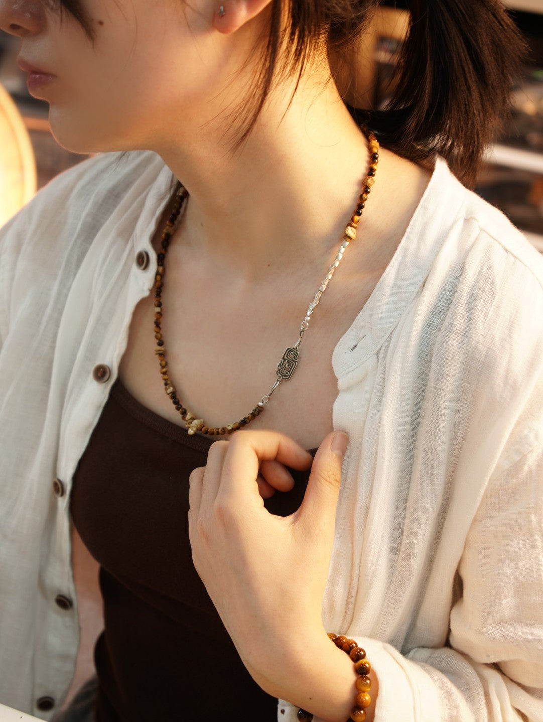 「Chinoiserie」Sunset Mountain Tiger's Eye Beaded Necklace