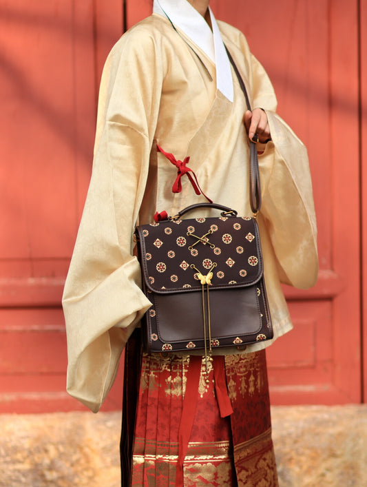 [Chinoiserie] Traditional Auspicious Pattern Brown Backpack