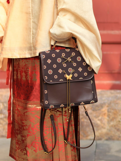 [Chinoiserie] Traditional Auspicious Pattern Brown Backpack