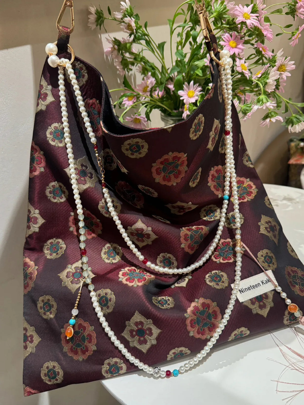 [Chinoiserie] Traditional Floral  Beaded Tassel Silk Bag | Bag | Three Fleas