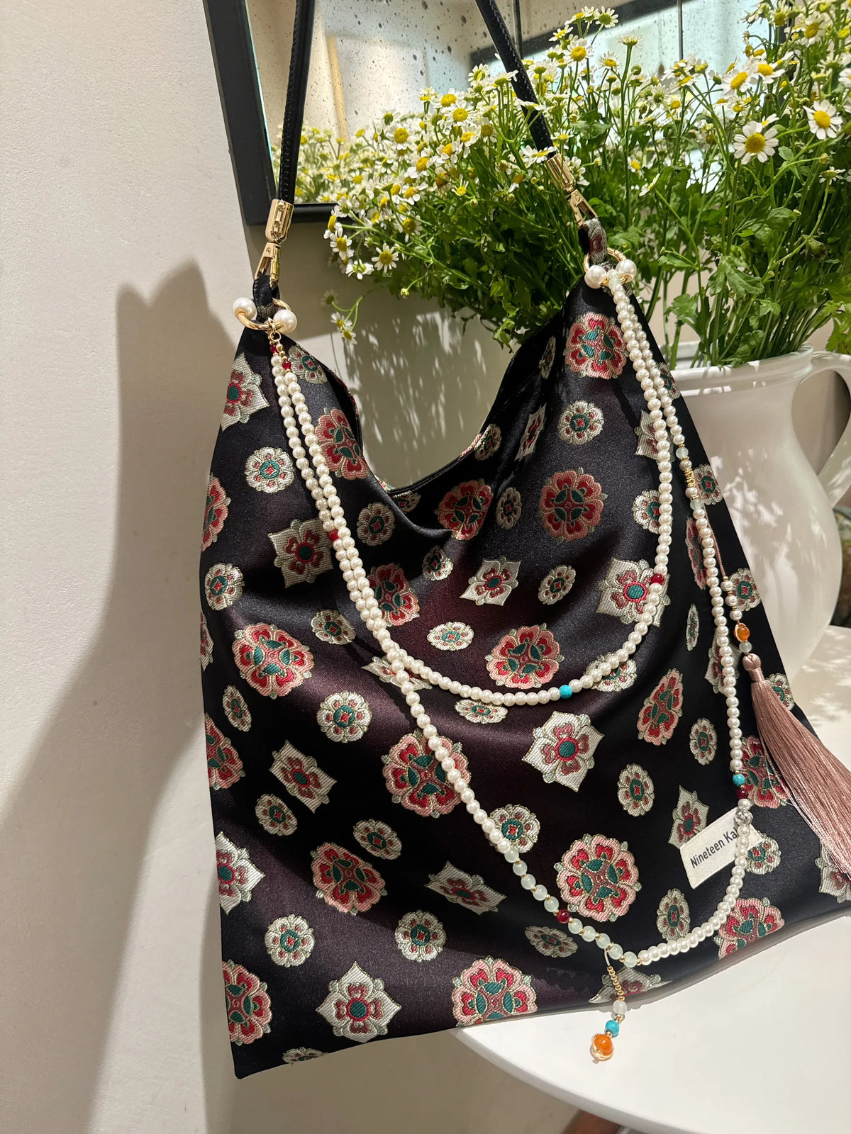 [Chinoiserie] Traditional Floral  Beaded Tassel Silk Bag | Bag | Three Fleas