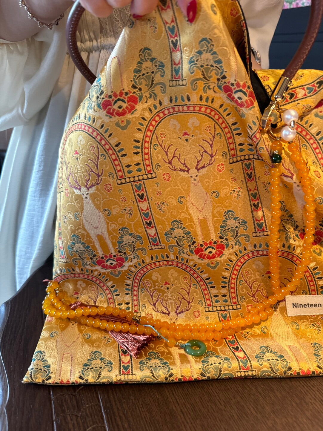 [Chinoiserie] Vintage Golden Sacred Deer Beaded Tassel Silk Bag | Bag | Three Fleas