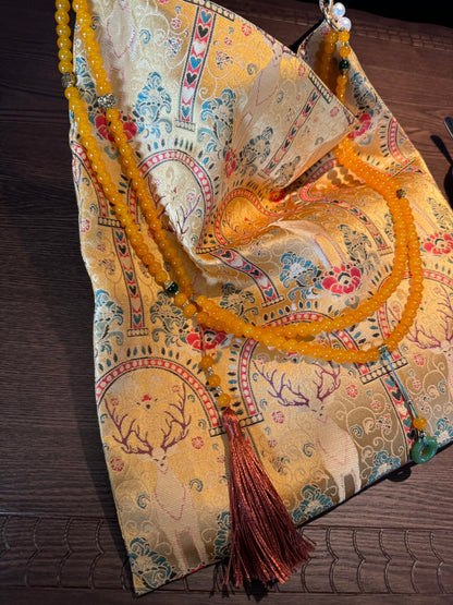 [Chinoiserie] Vintage Golden Sacred Deer Beaded Tassel Silk Bag | Bag | Three Fleas