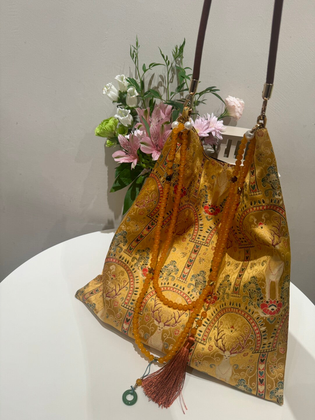 [Chinoiserie] Vintage Golden Sacred Deer Beaded Tassel Silk Bag | Bag | Three Fleas
