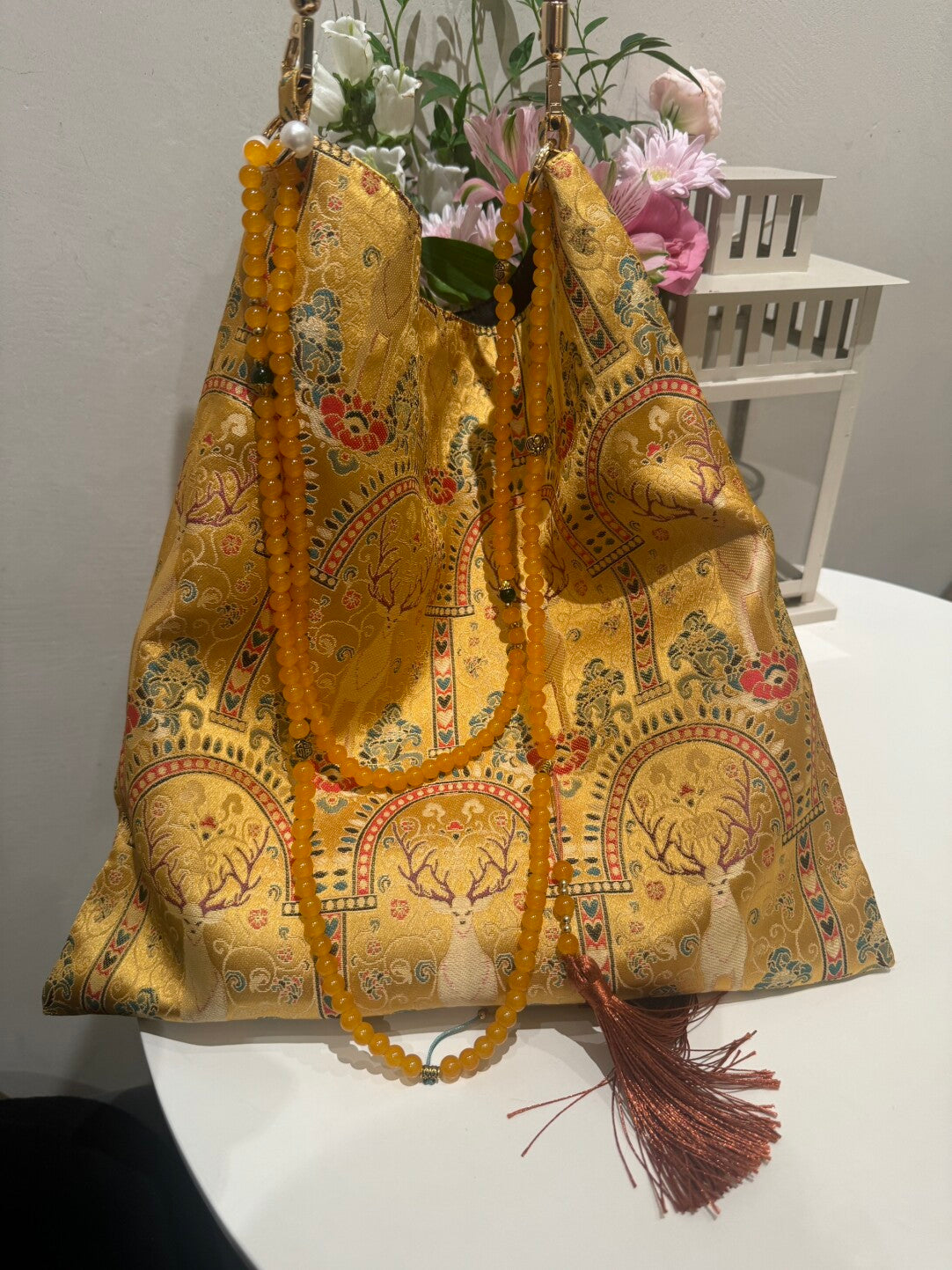 [Chinoiserie] Vintage Golden Sacred Deer Beaded Tassel Silk Bag | Bag | Three Fleas