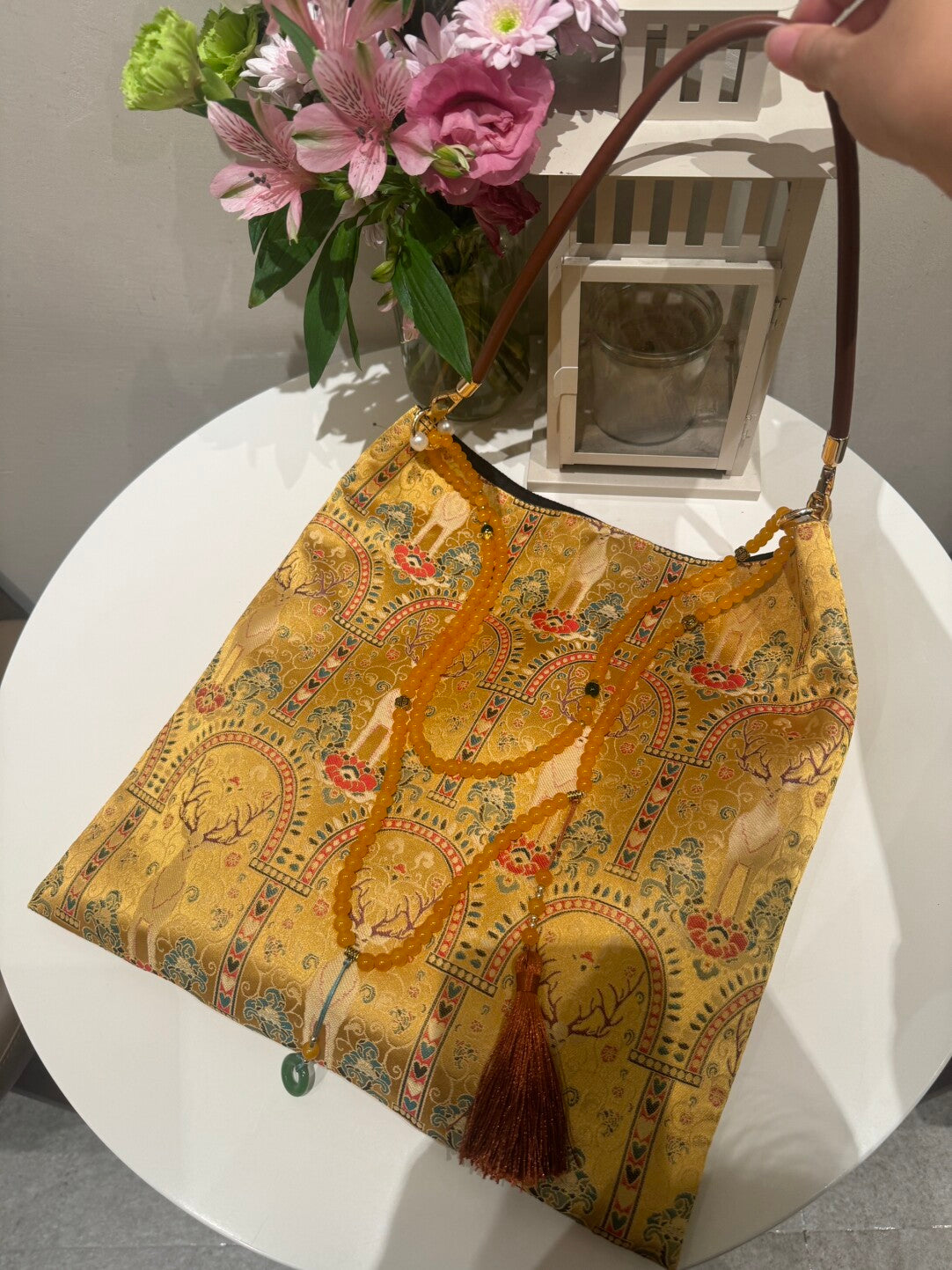 [Chinoiserie] Vintage Golden Sacred Deer Beaded Tassel Silk Bag | Bag | Three Fleas