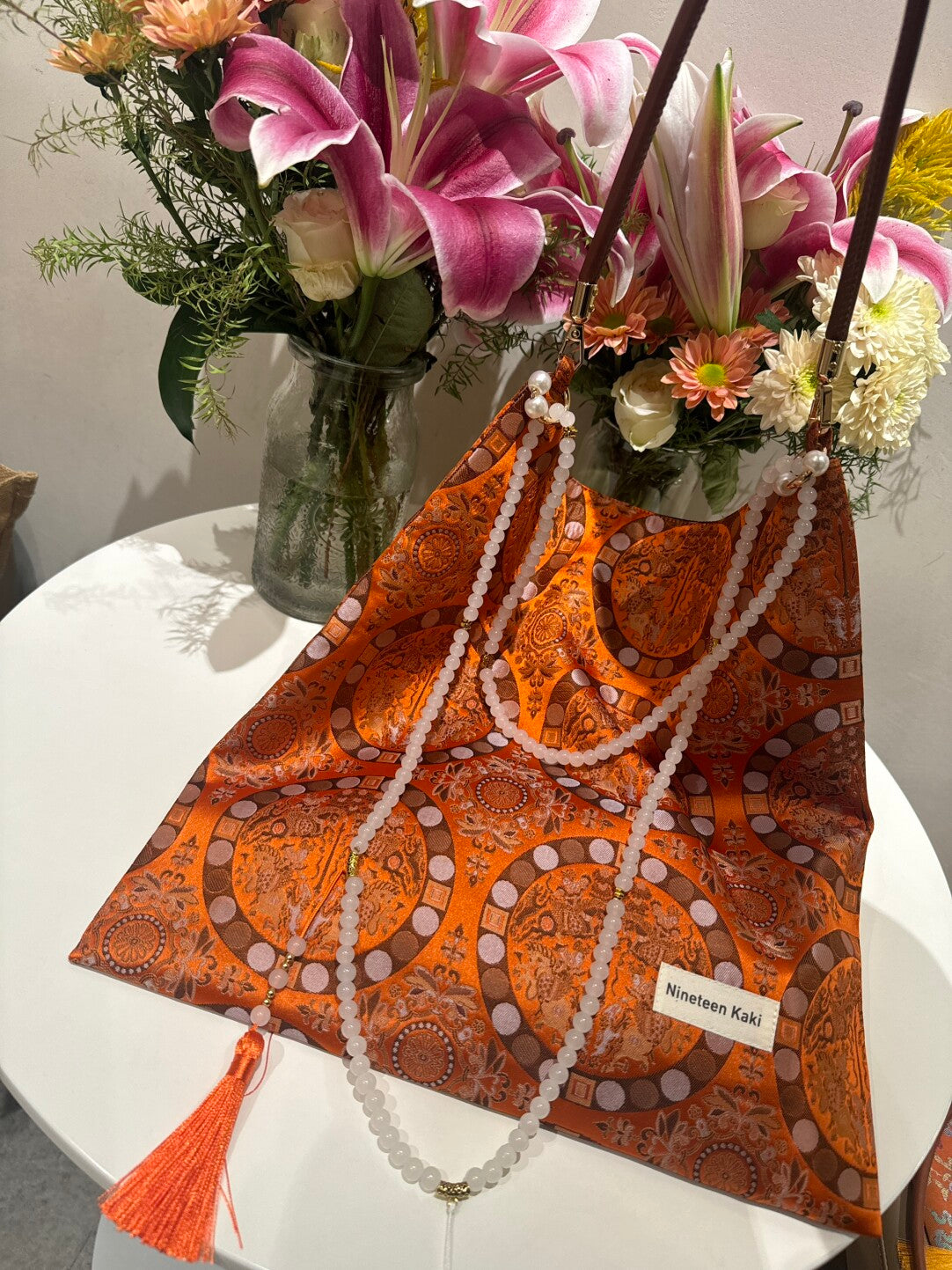 [Chinoiserie] Vintage Orange Auspicious Pattern Beaded Tassel Silk Bag | Bag | Three Fleas