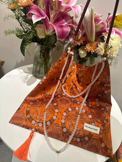 [Chinoiserie] Vintage Orange Auspicious Pattern Beaded Tassel Silk Bag | Bag | Three Fleas