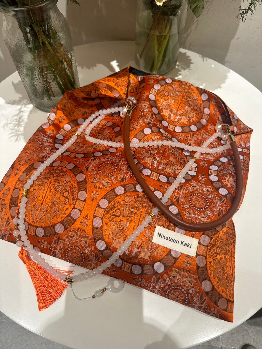 [Chinoiserie] Vintage Orange Auspicious Pattern Beaded Tassel Silk Bag | Bag | Three Fleas