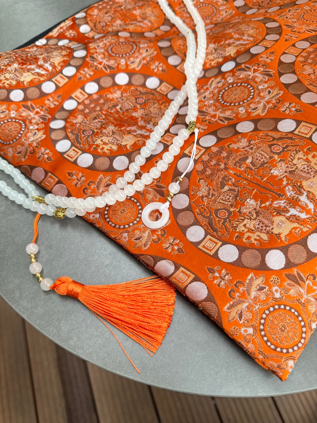 [Chinoiserie] Vintage Orange Auspicious Pattern Beaded Tassel Silk Bag | Bag | Three Fleas