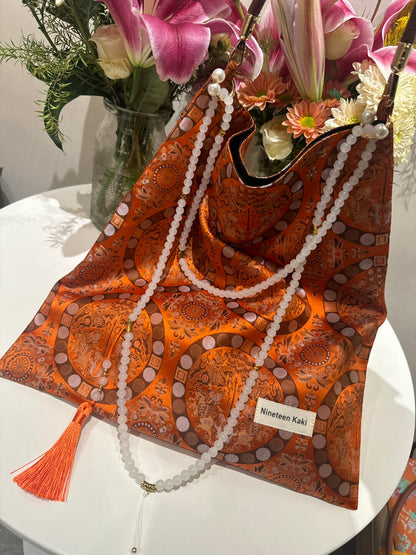 [Chinoiserie] Vintage Orange Auspicious Pattern Beaded Tassel Silk Bag | Bag | Three Fleas