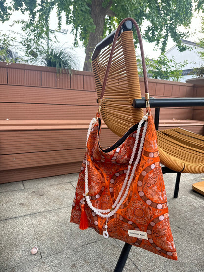 [Chinoiserie] Vintage Orange Auspicious Pattern Beaded Tassel Silk Bag | Bag | Three Fleas