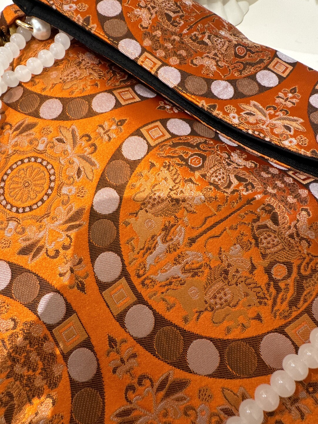 [Chinoiserie] Vintage Orange Auspicious Pattern Beaded Tassel Silk Bag | Bag | Three Fleas