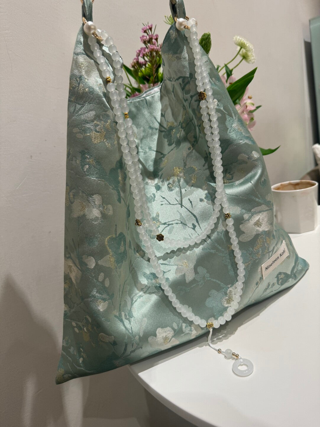 [Chinoiserie] White Floral Teal Green Beaded Tassel Silk Bag | Bag | Three Fleas