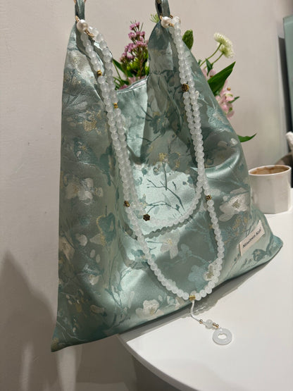 [Chinoiserie] White Floral Teal Green Beaded Tassel Silk Bag | Bag | Three Fleas