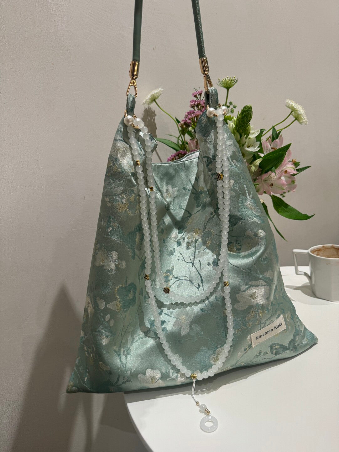 [Chinoiserie] White Floral Teal Green Beaded Tassel Silk Bag | Bag | Three Fleas