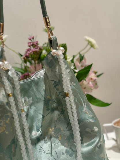 [Chinoiserie] White Floral Teal Green Beaded Tassel Silk Bag | Bag | Three Fleas
