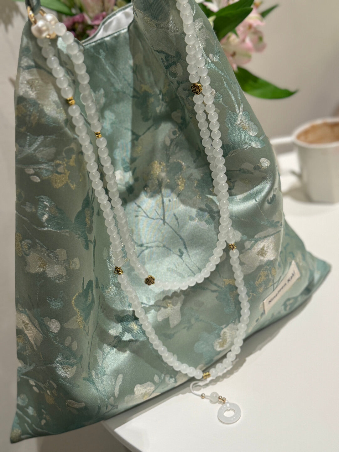 [Chinoiserie] White Floral Teal Green Beaded Tassel Silk Bag | Bag | Three Fleas