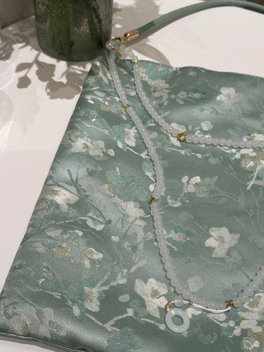 [Chinoiserie] White Floral Teal Green Beaded Tassel Silk Bag | Bag | Three Fleas