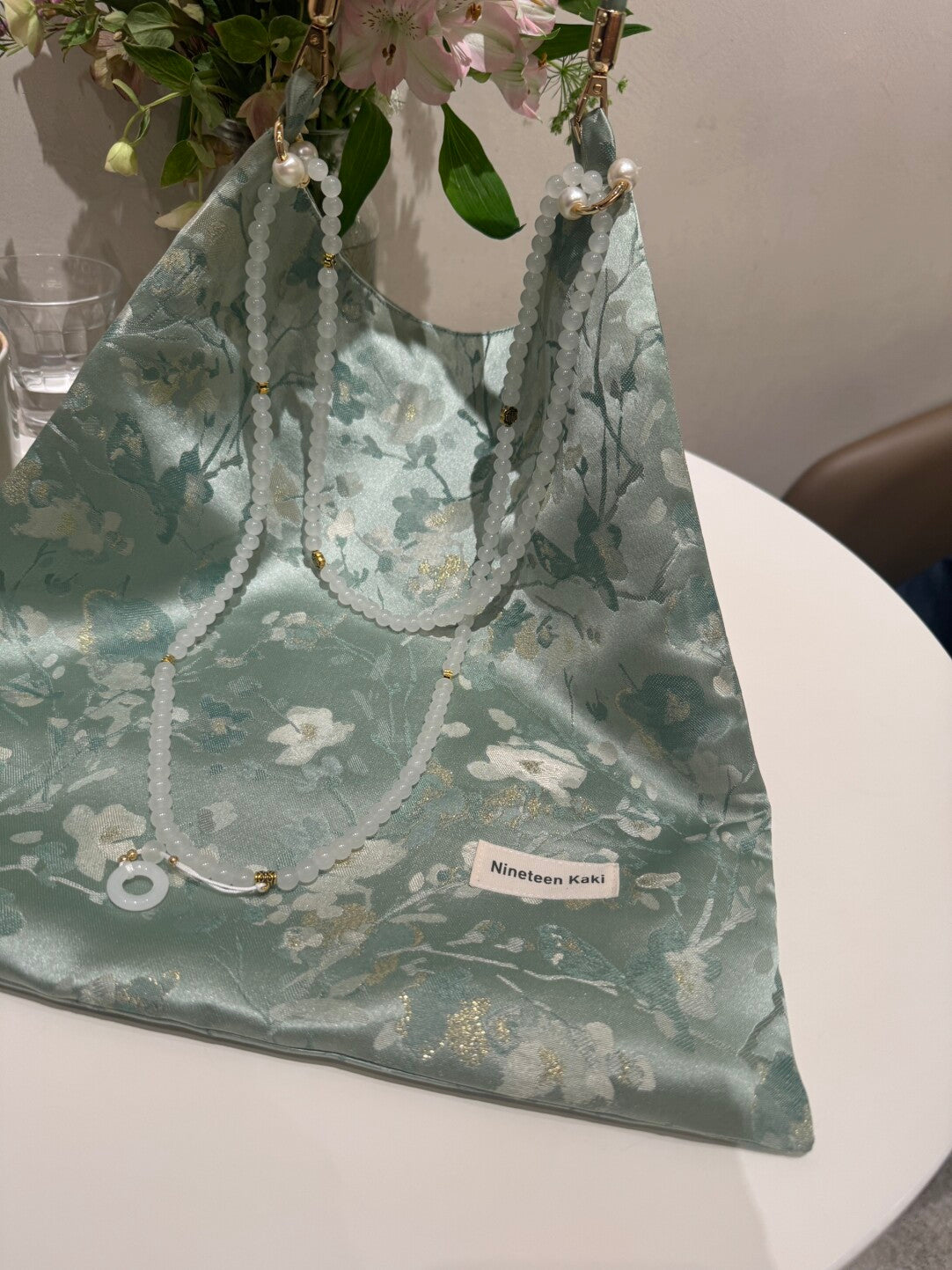 [Chinoiserie] White Floral Teal Green Beaded Tassel Silk Bag | Bag | Three Fleas