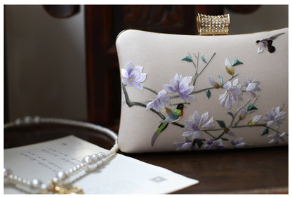 [Chinoiserie] White Magnolia Double Side Embroidery Clutch Bag